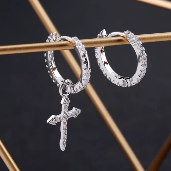 DIAMOND 925 SILVER CROSS PENDANT HOOP EARRINGS, NICE EARRINGS, CUTE EARRINGS - Picture 3 of 5